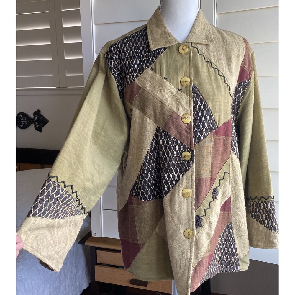 Ann Maurice Women XL Patchwork Embroidered Blazer Mix Media Olive Lagenlook Boho
